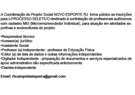 PROCESSO SELETIVO – Projeto Social NOVO ESPORTE RJ PROCESSO SELETIVO – Projeto Social NOVO ESPORTE RJ