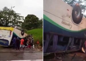 Ônibus de viagem capota na BR-356, em Itaperuna