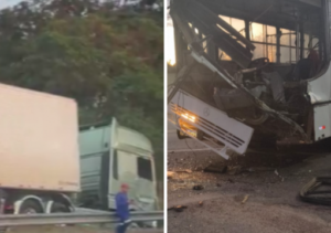 Acidente entre carreta e ônibus interdita trecho da BR-101 em Travessão Acidente entre carreta e ônibus interdita trecho da BR-101 em Travessão