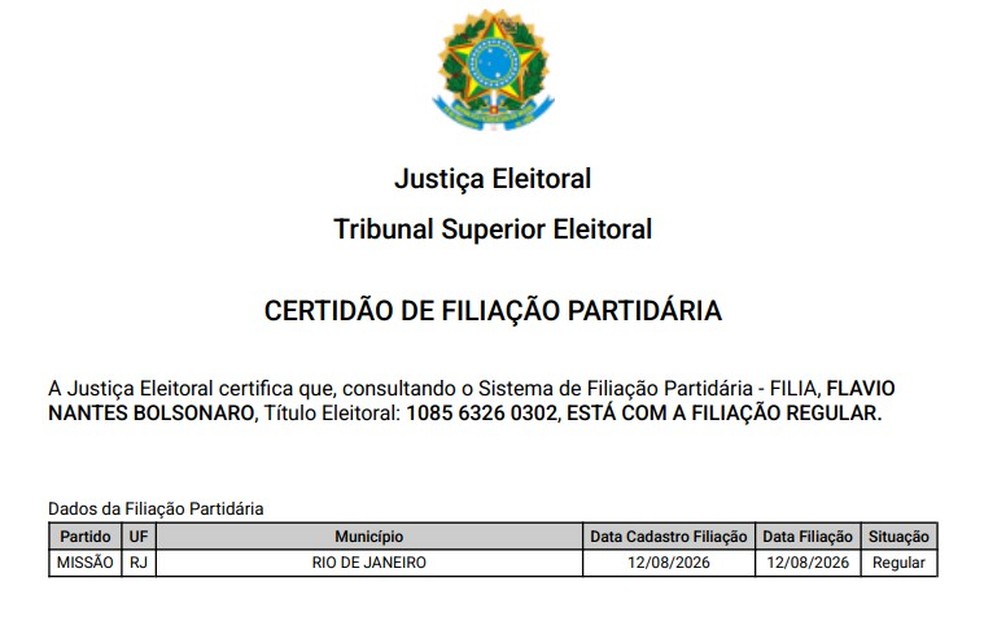Flávio Bolsonaro aparece filiado ao Missão — Foto: Reprodução