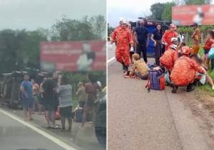 Passageiros se ajudam após van tombar em colisão na BR-356, entre Campos e SJB Passageiros se ajudam após van tombar em colisão na BR-356, entre Campos e SJB