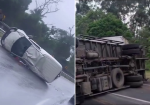 Caminhão tomba e carro capota em dois acidentes na BR-101, em Ibitioca